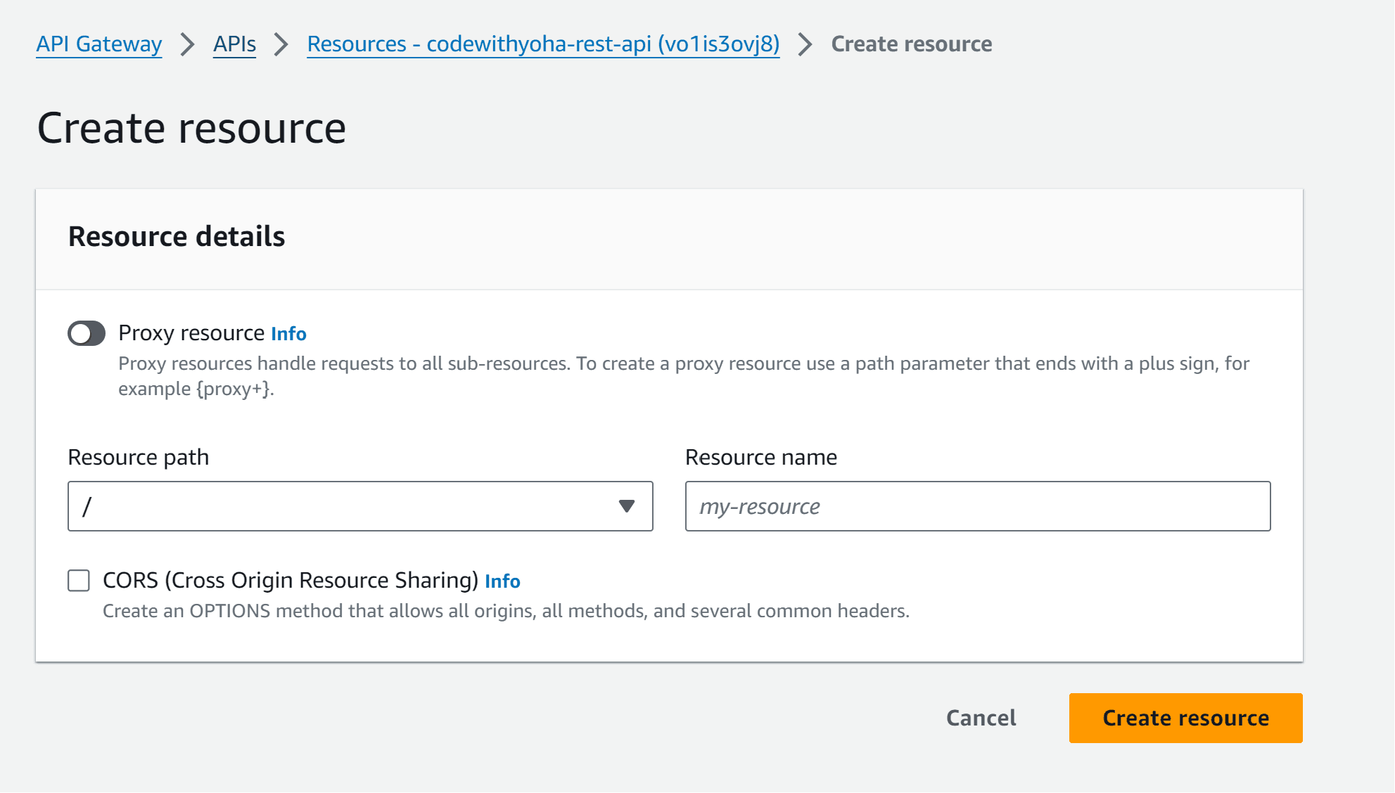 Create API gateway resource form