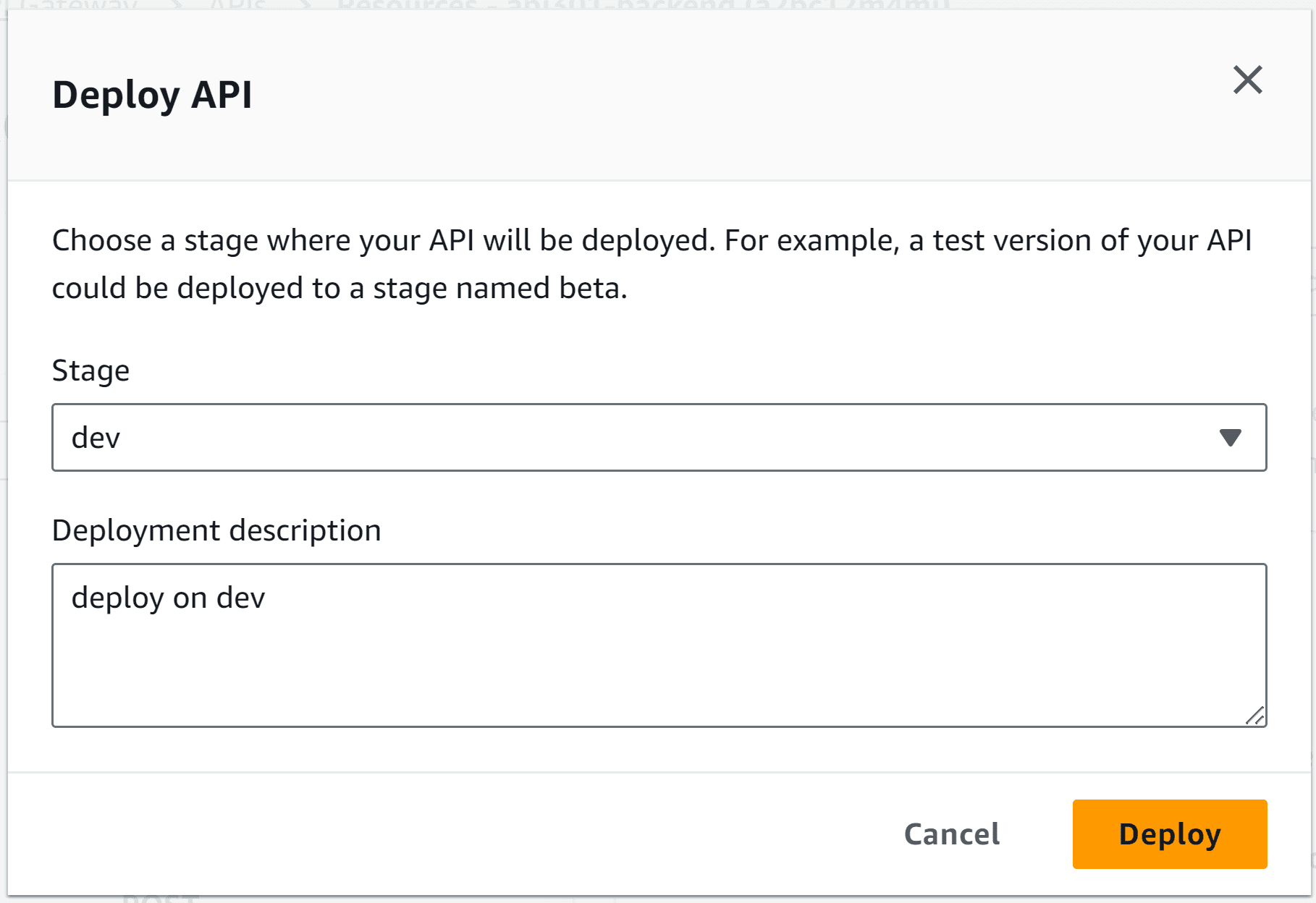API Gateway deployment popup