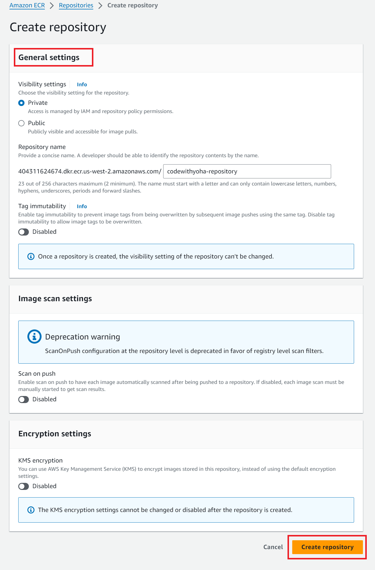 Fill information AWS ECR repository