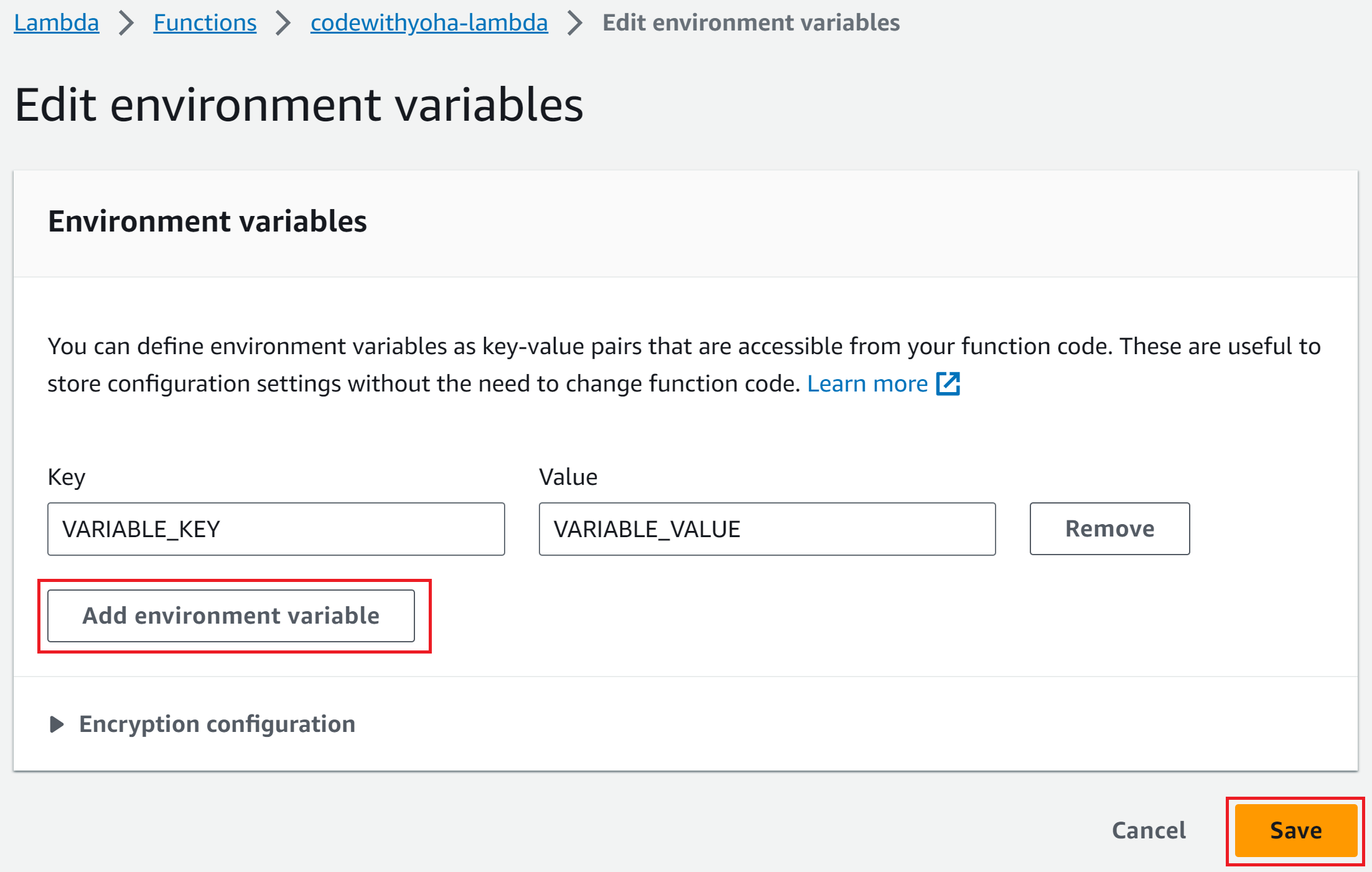AWS Lambda add environment variables