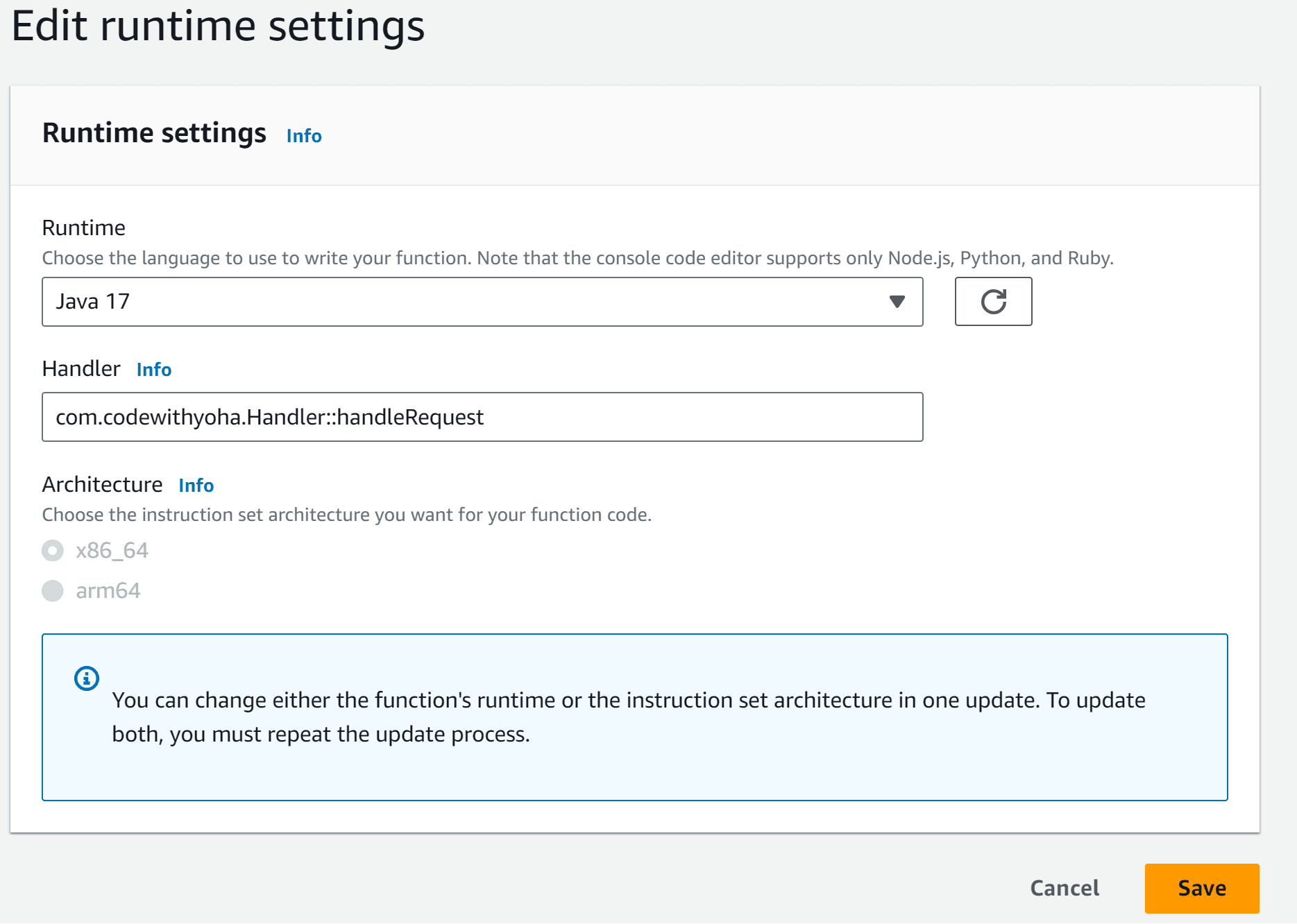 AWS lambda Edit runtime settings