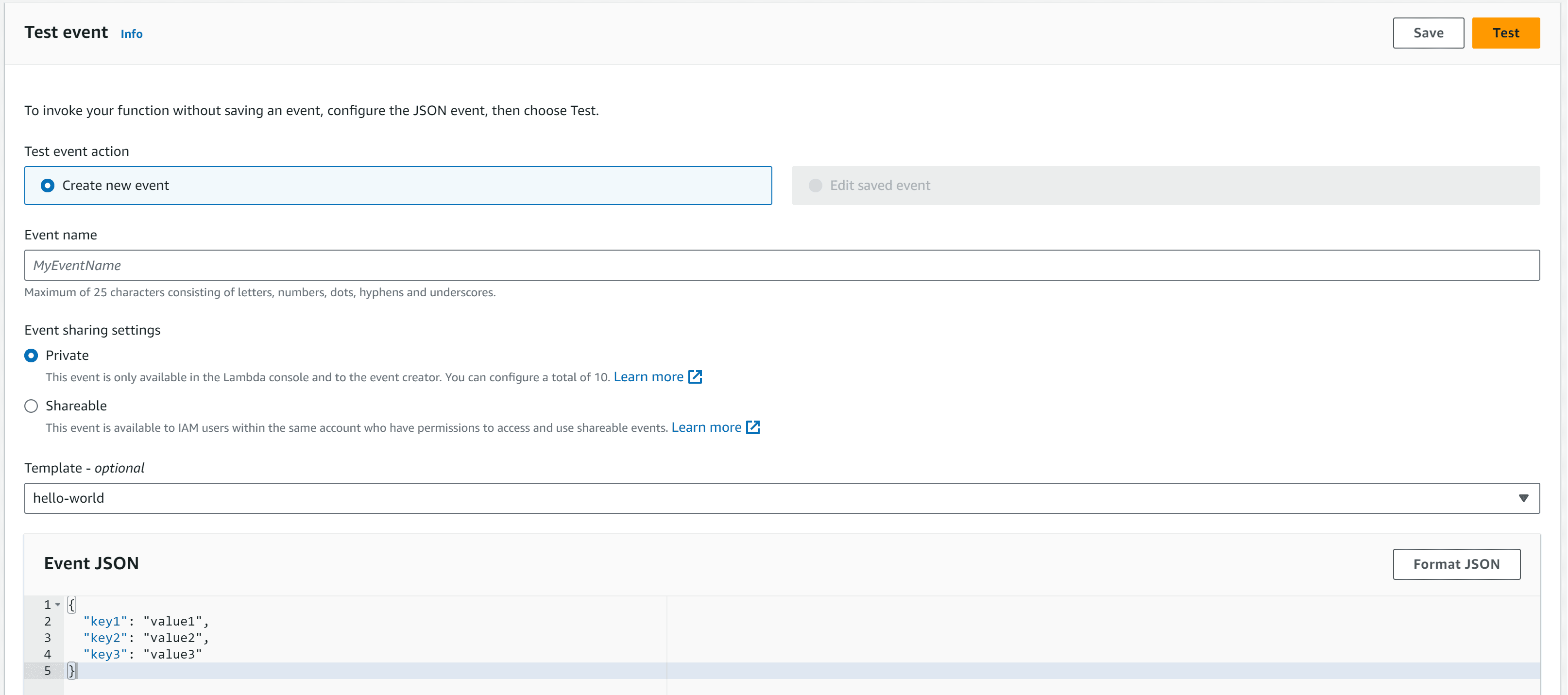 Test AWS lambda function